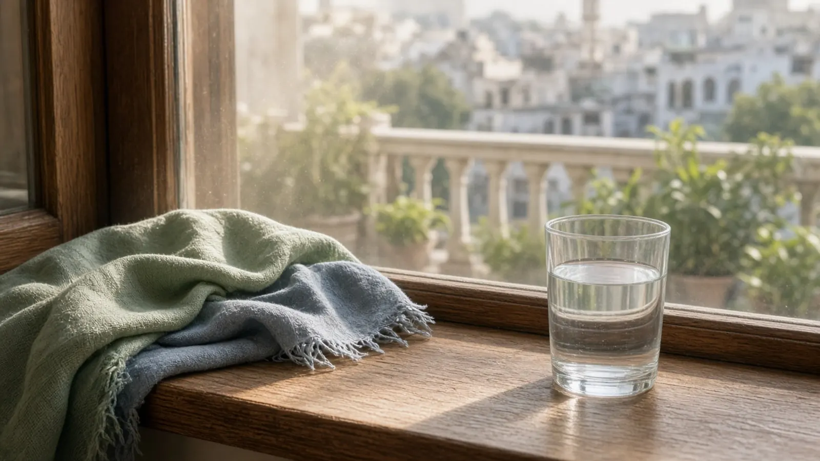 Morning light and fine dust by a window, with a glass of water on the sill