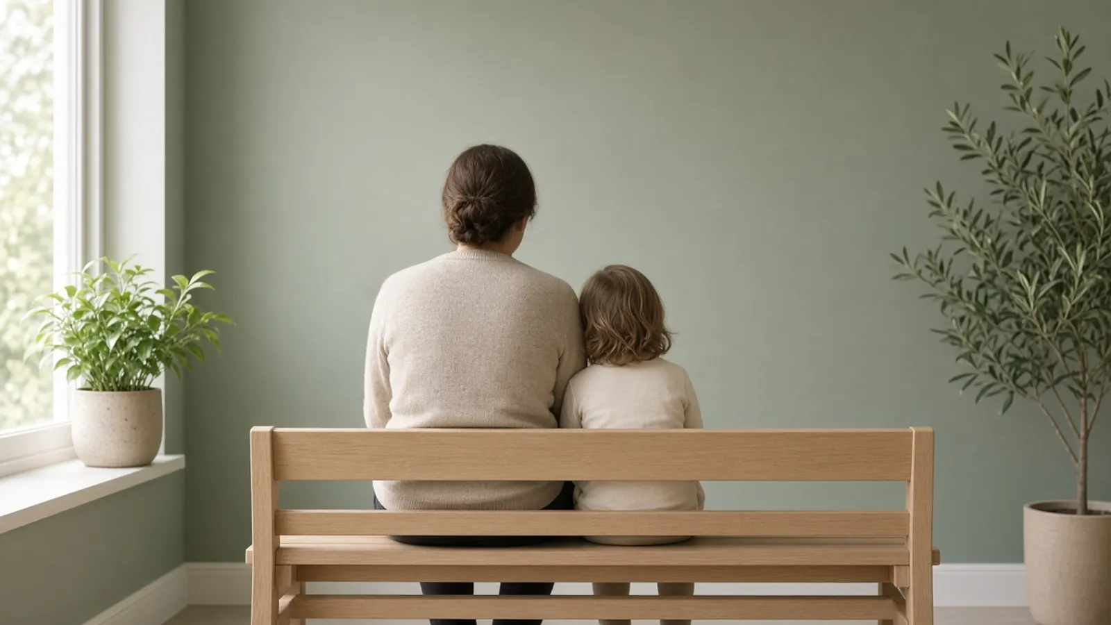 A parent and child seen from behind, waiting together in a bright clinic